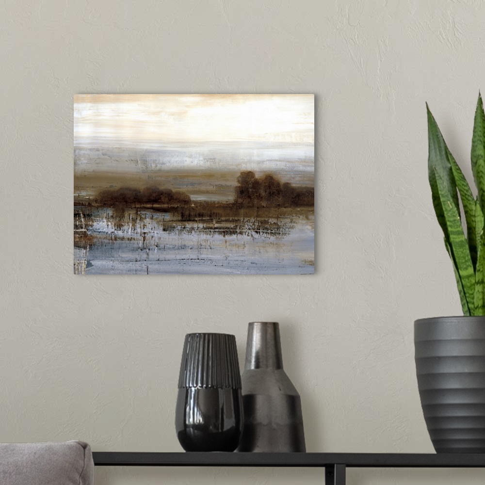 A modern room featuring Contemporary abstract painting using cool tones mixed with harsh and heavy earth tones.