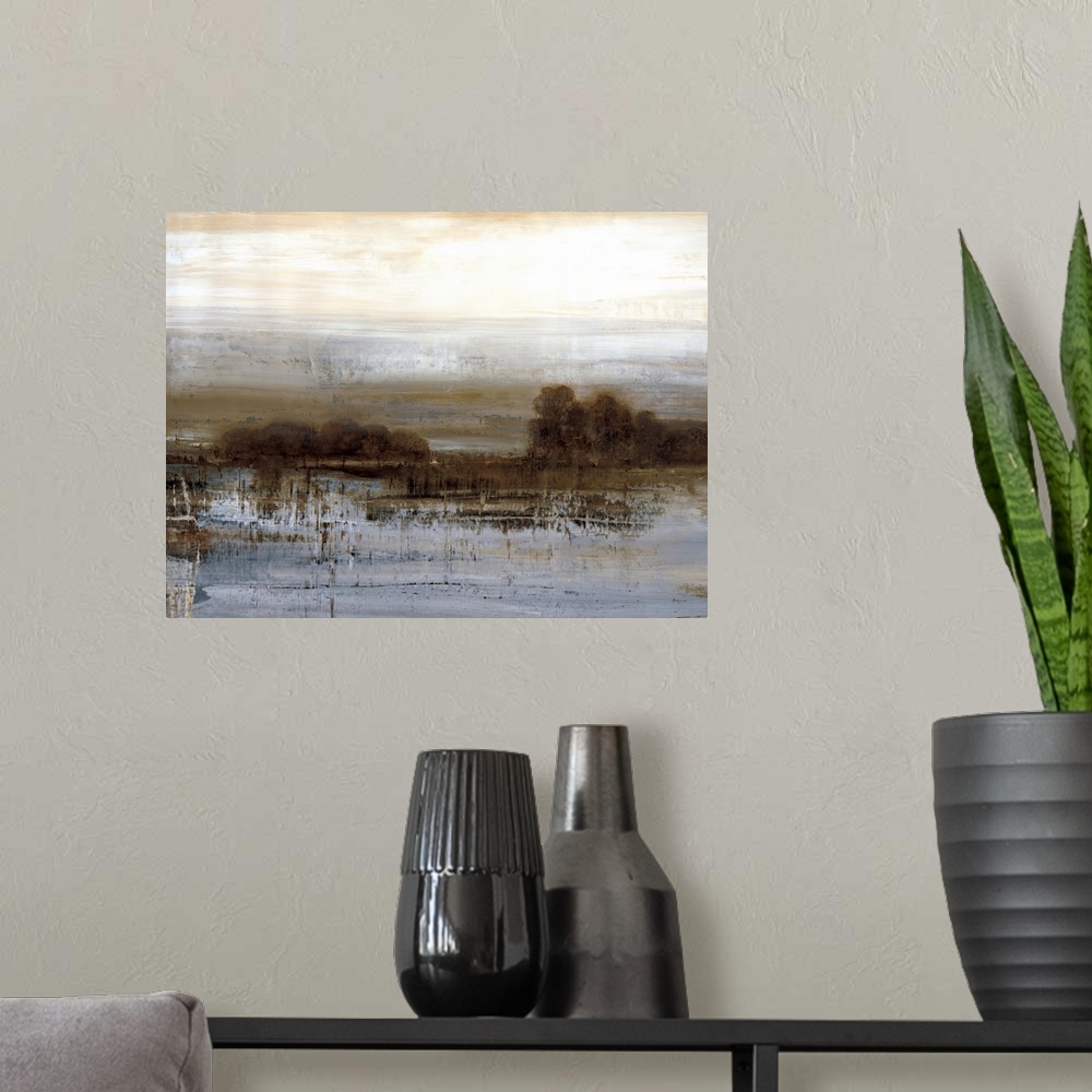 A modern room featuring Contemporary abstract painting using cool tones mixed with harsh and heavy earth tones.