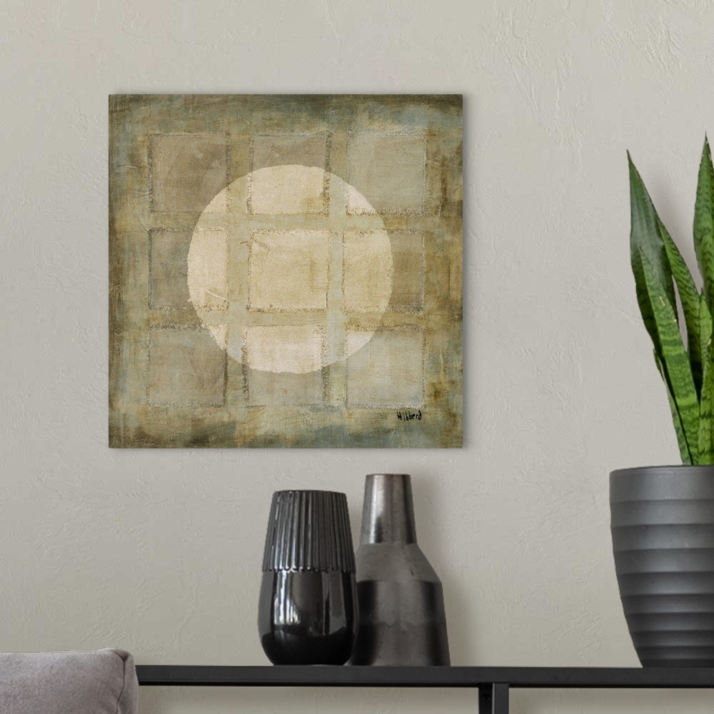A modern room featuring A modern painting of nine squares with a light colored circle overlapping, all in varies shades o...