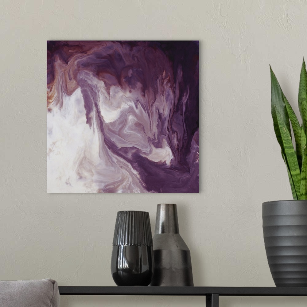 A modern room featuring Square abstract art with deep purple hues running together with white hues creating a marbled eff...
