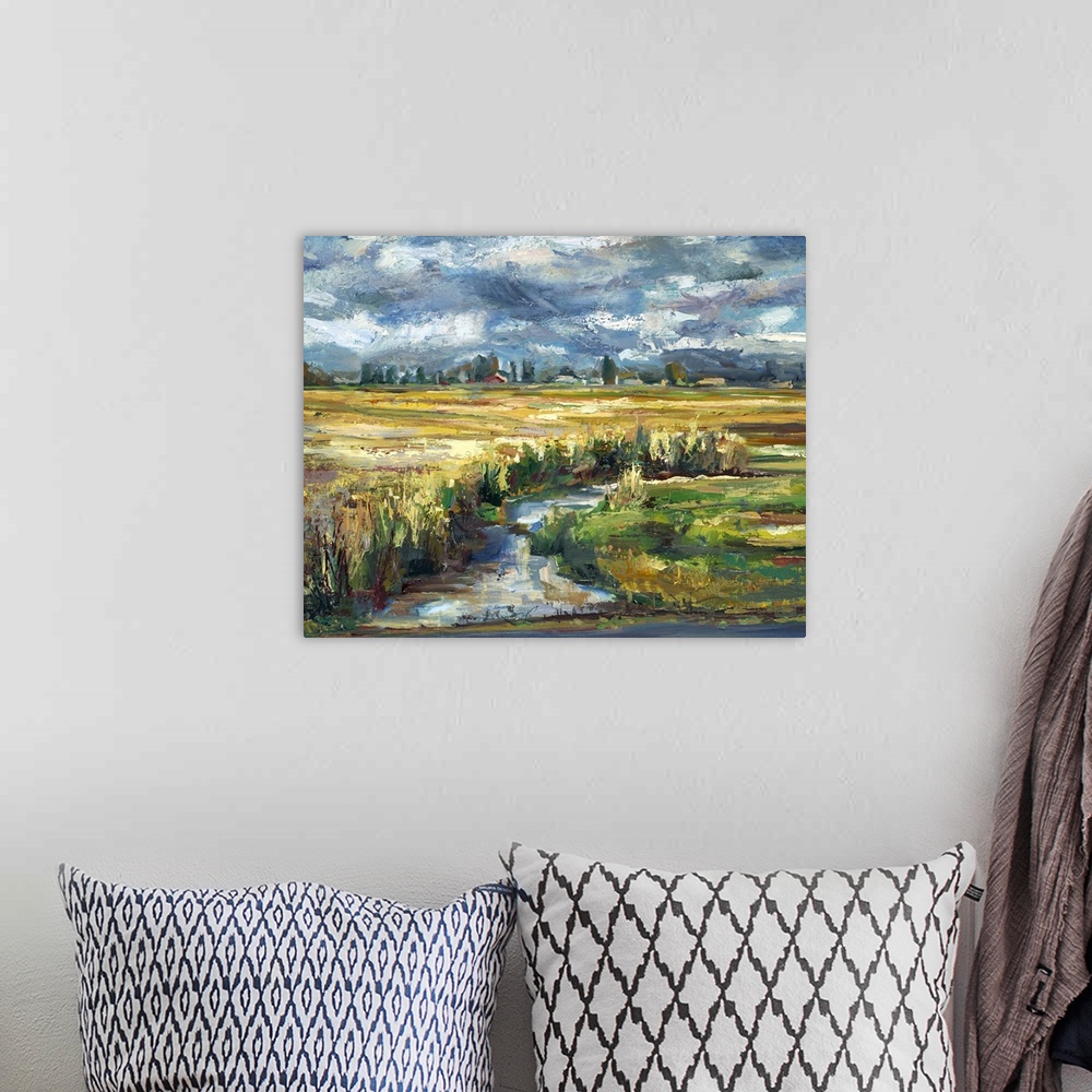 A bohemian room featuring Contemporary landscape painting of a plains with a creek running through it.
