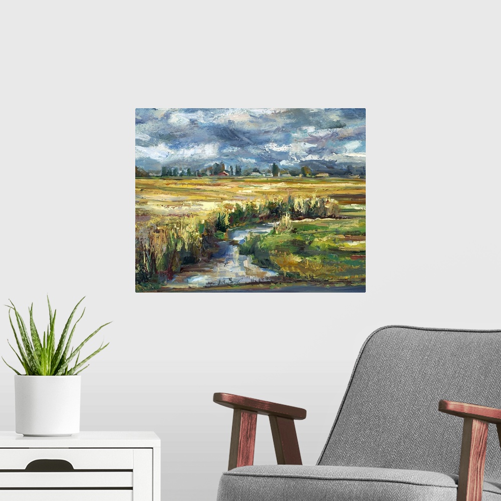 A modern room featuring Contemporary landscape painting of a plains with a creek running through it.