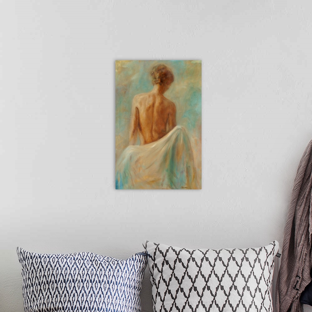 A bohemian room featuring Painting of the bare back of a woman.