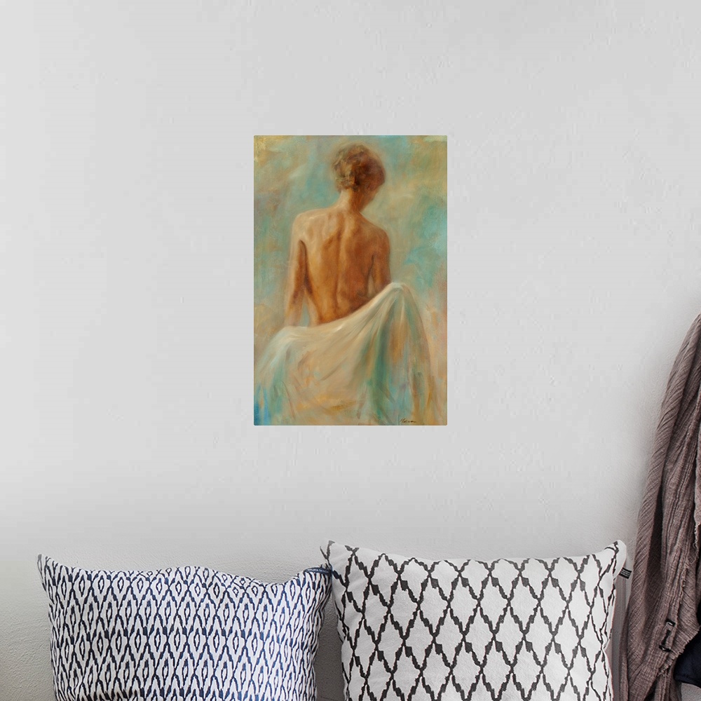 A bohemian room featuring Painting of the bare back of a woman.