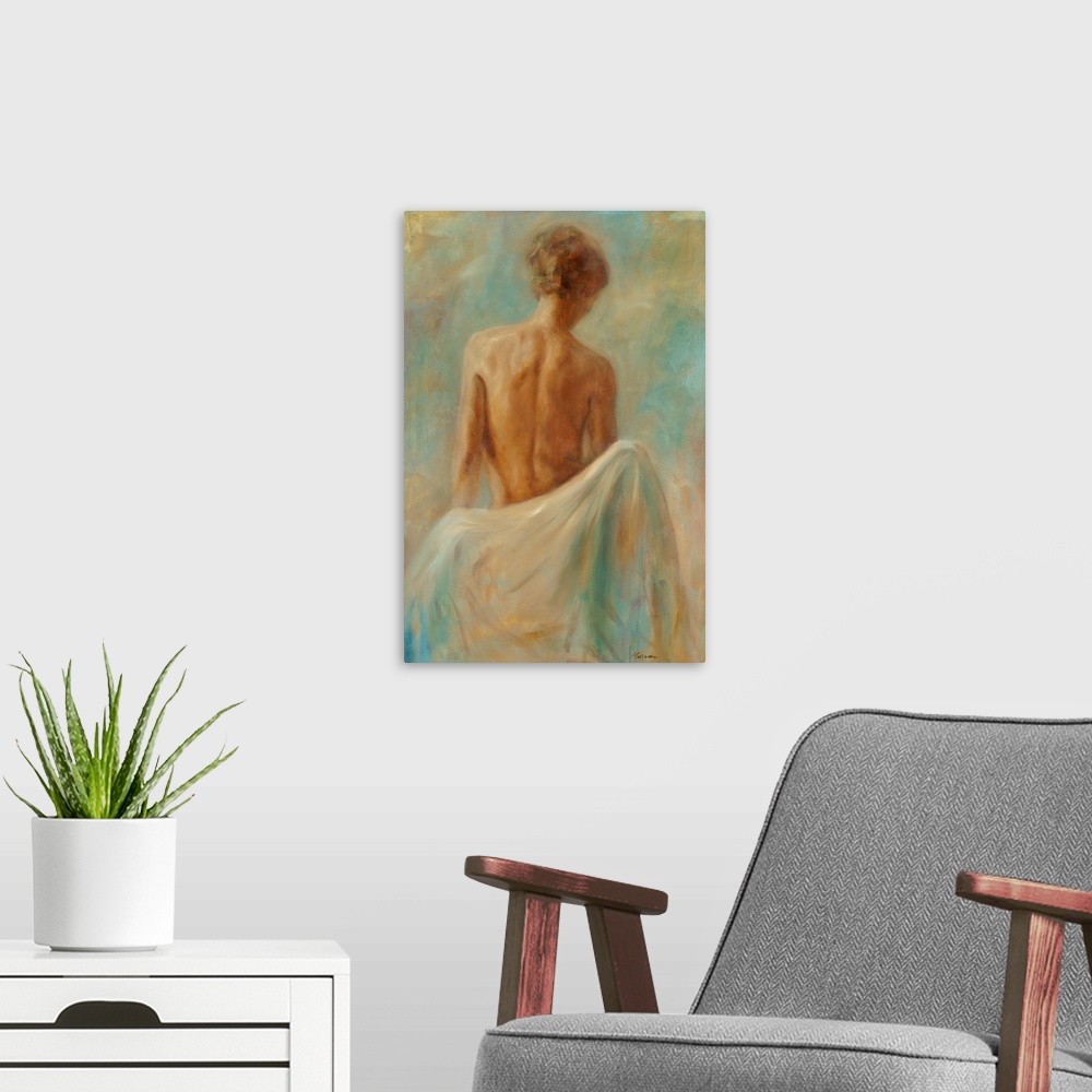 A modern room featuring Painting of the bare back of a woman.