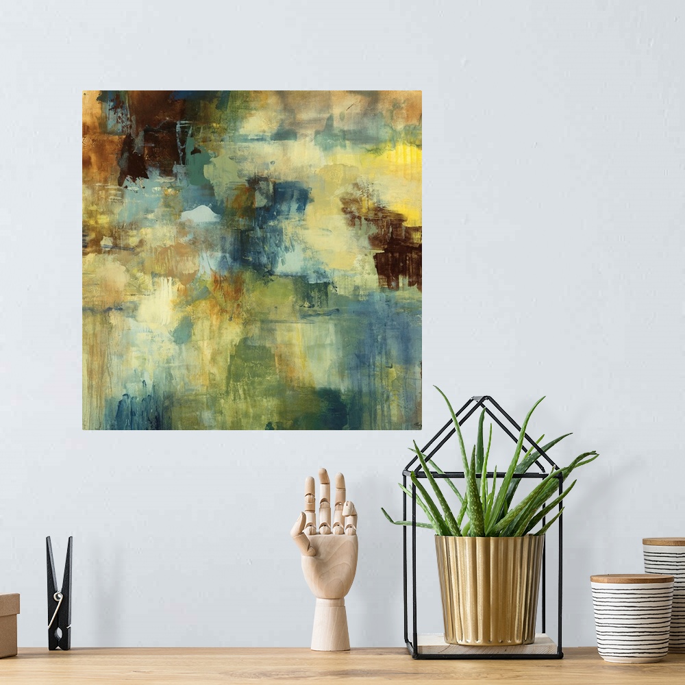 A bohemian room featuring Contemporary abstract painting of overlapping earth tones.  There are areas of dripping paint and...