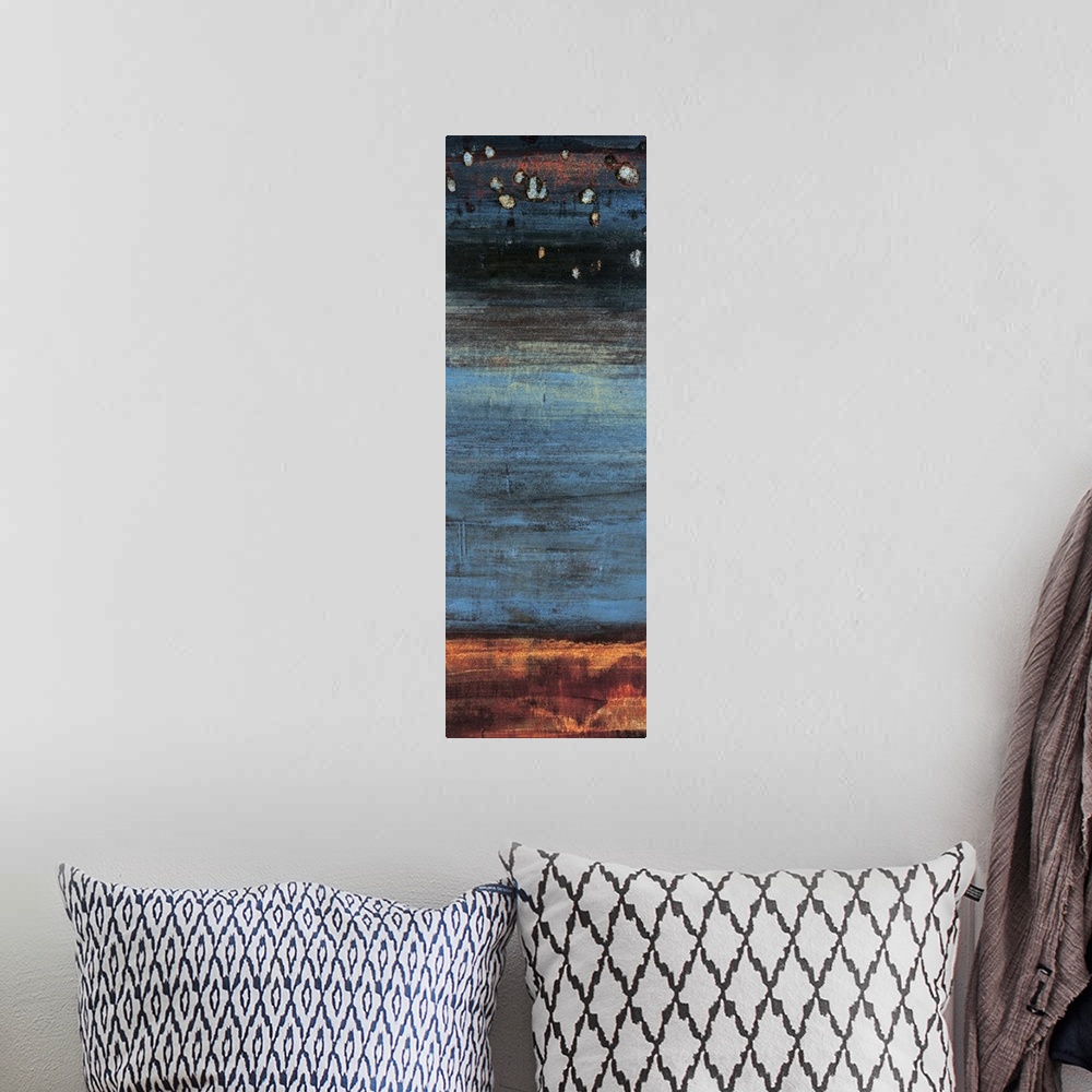 A bohemian room featuring Contemporary abstract painting resembling a nights sky.