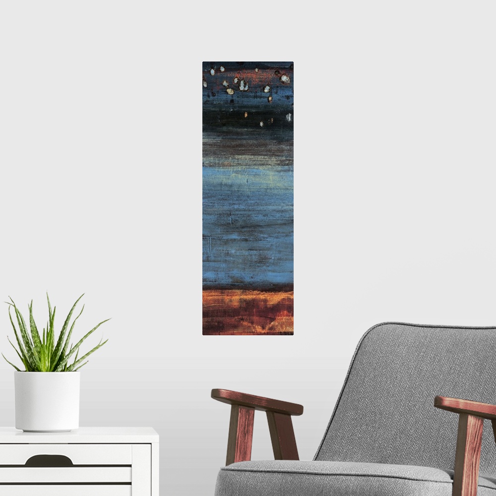 A modern room featuring Contemporary abstract painting resembling a nights sky.