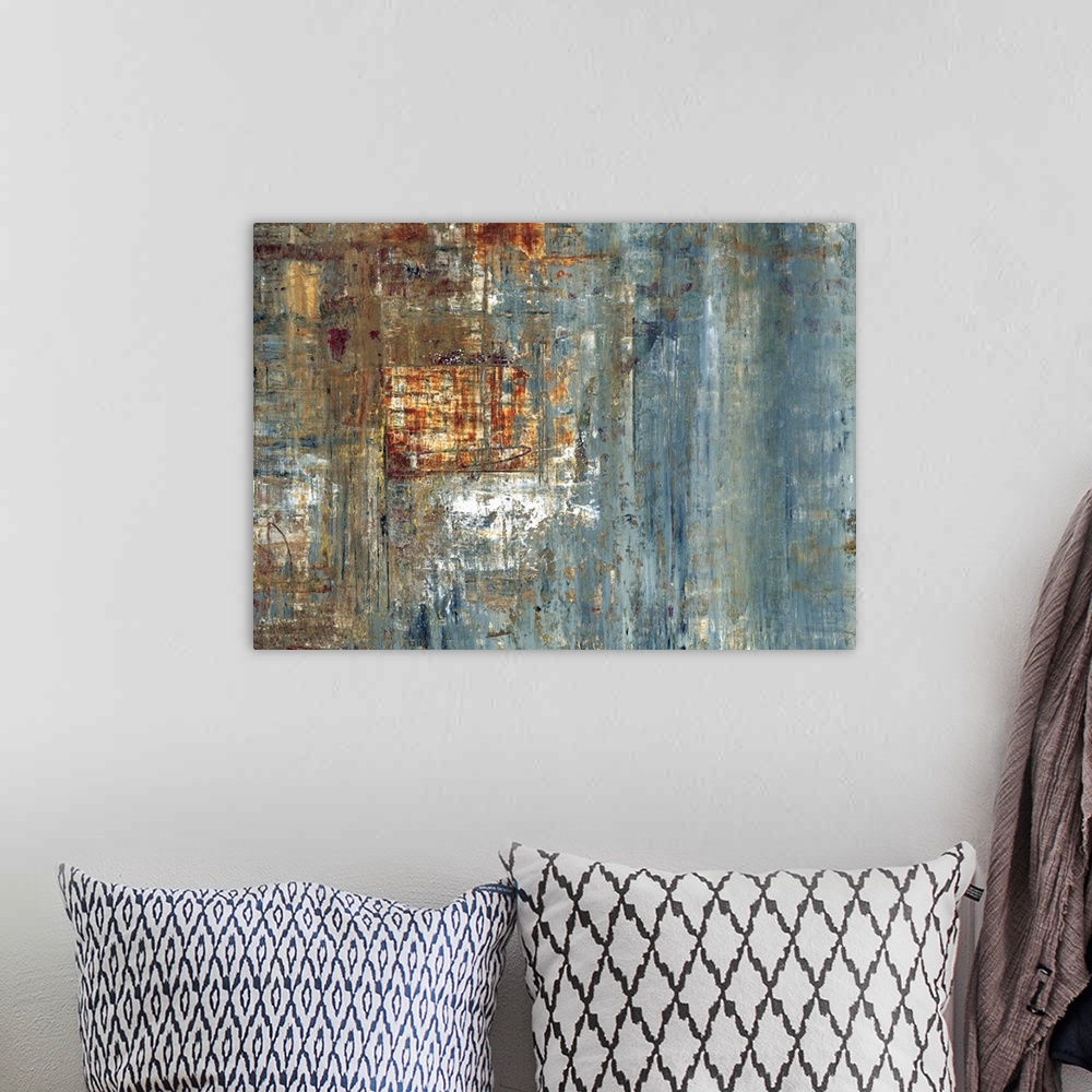 A bohemian room featuring Contemporary abstract painting using a variety of earth tones and cool tones with textures to cre...