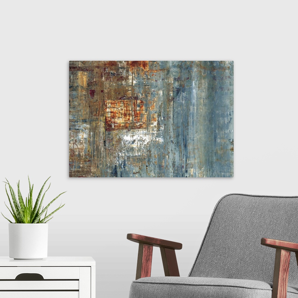 A modern room featuring Contemporary abstract painting using a variety of earth tones and cool tones with textures to cre...
