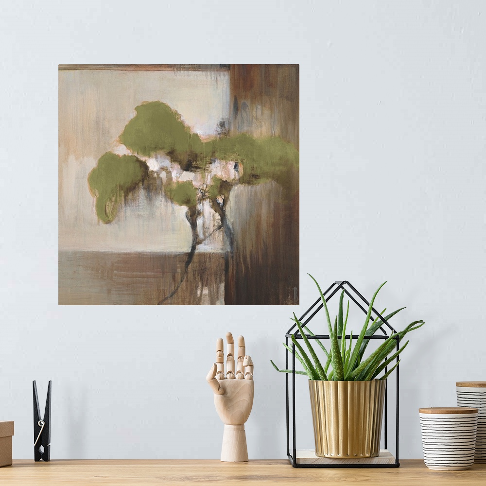 A bohemian room featuring Contemporary artwork of a single tree painted against blocks of neutral colors.