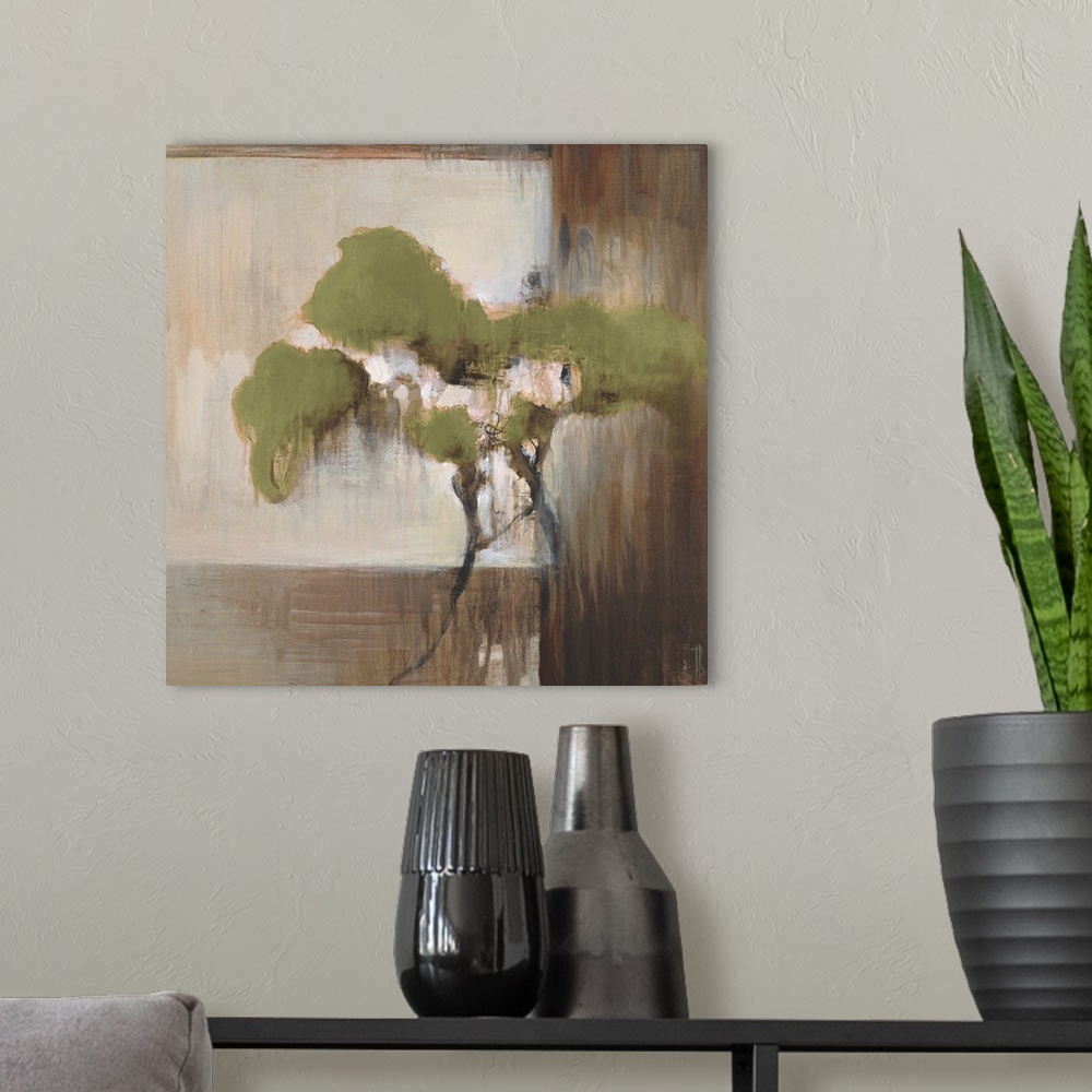 A modern room featuring Contemporary artwork of a single tree painted against blocks of neutral colors.