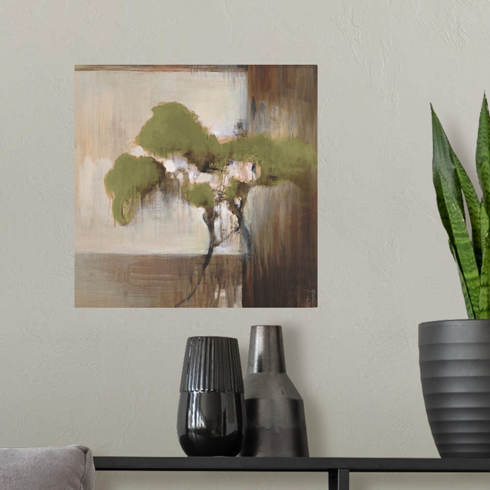 A modern room featuring Contemporary artwork of a single tree painted against blocks of neutral colors.