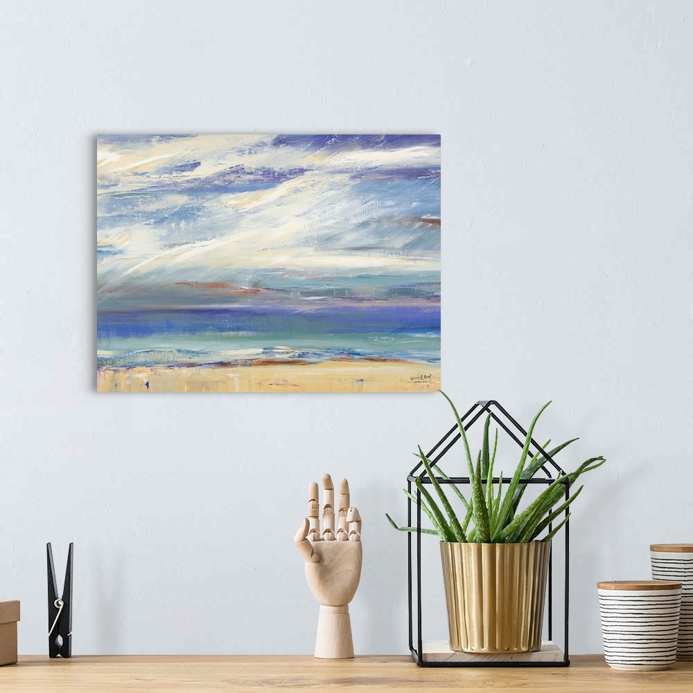 A bohemian room featuring Contemporary abstract painting representing a coastal landscape in blue, green, yellow, brown, an...