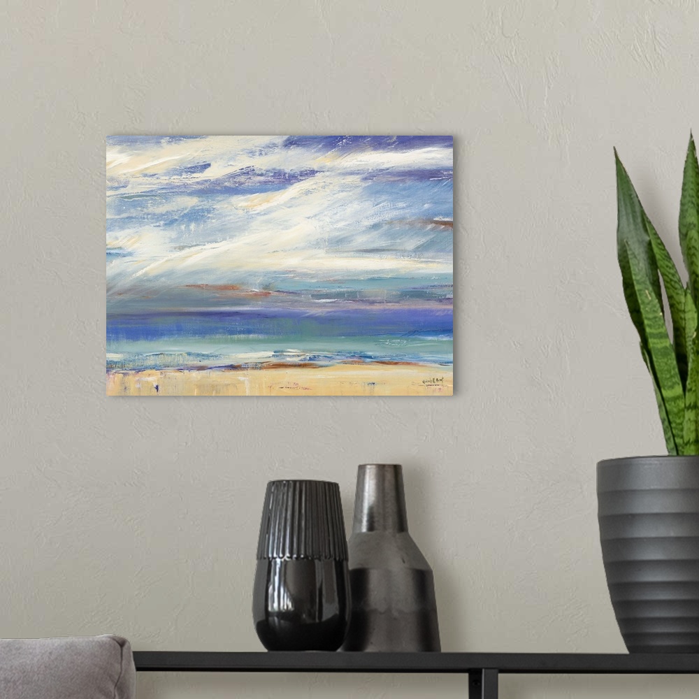 A modern room featuring Contemporary abstract painting representing a coastal landscape in blue, green, yellow, brown, an...