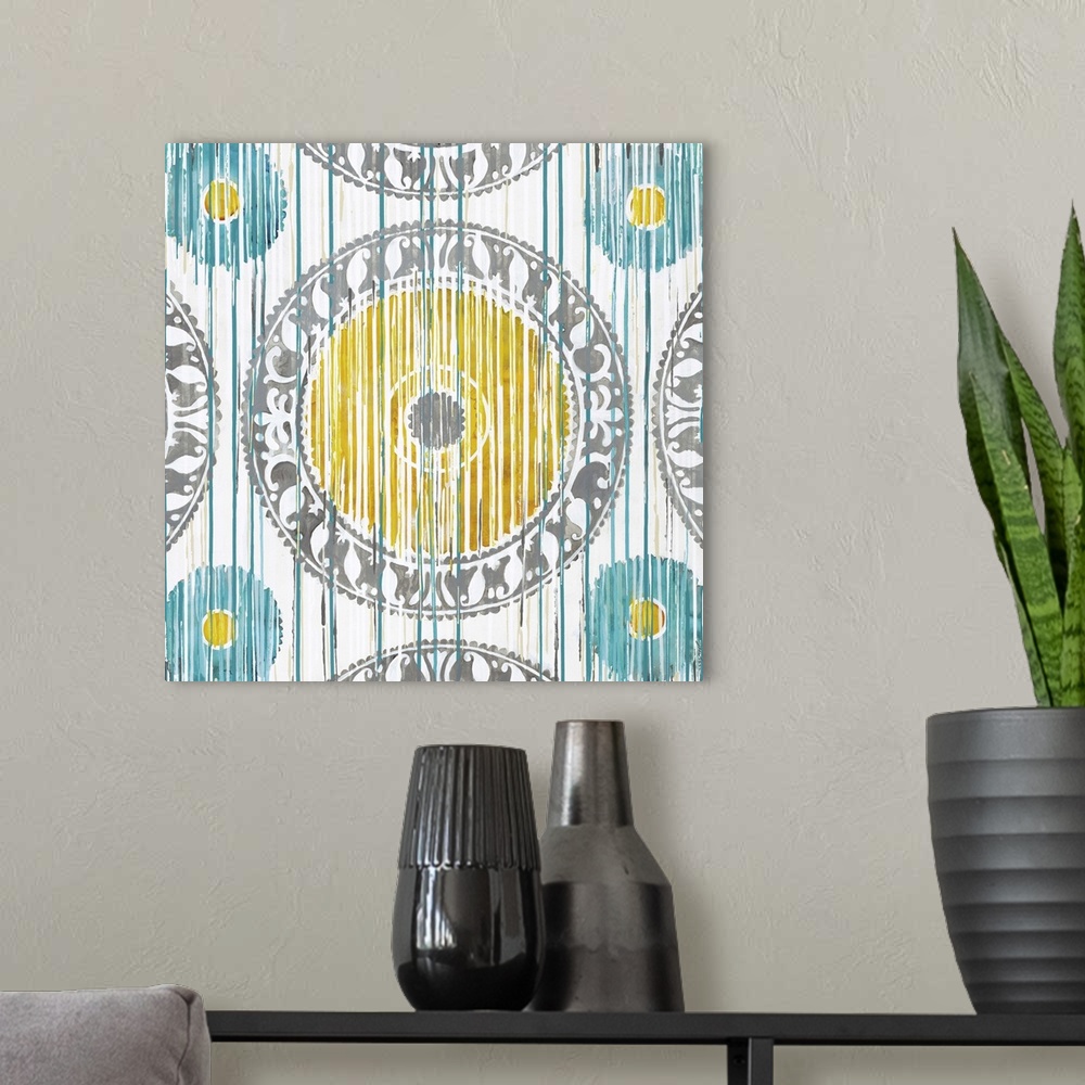 A modern room featuring Contemporary painting of the light colored Ikat pattern.