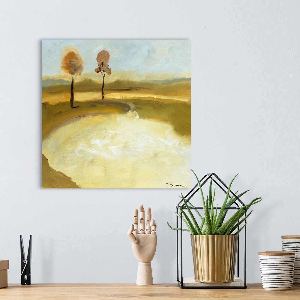 A bohemian room featuring Contemporary landscape painting using light brown earthy tones with two slender trees standing to...