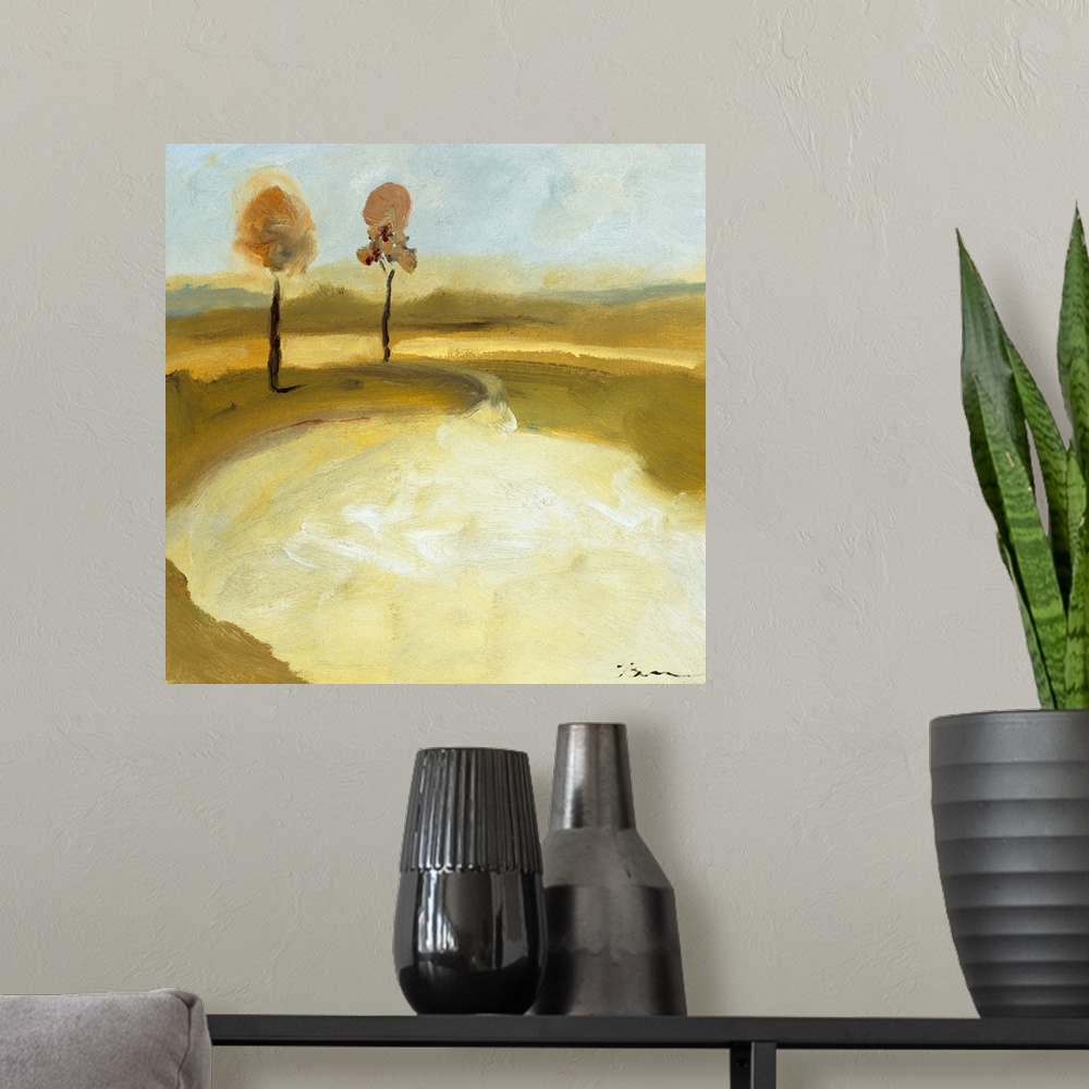 A modern room featuring Contemporary landscape painting using light brown earthy tones with two slender trees standing to...