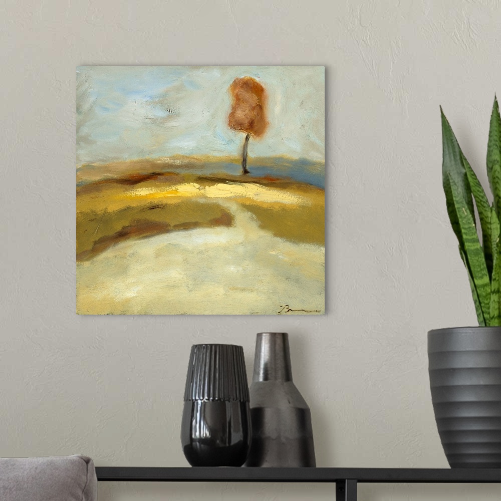 A modern room featuring Contemporary landscape painting using light brown earthy tones with a slender tree standing lone ...