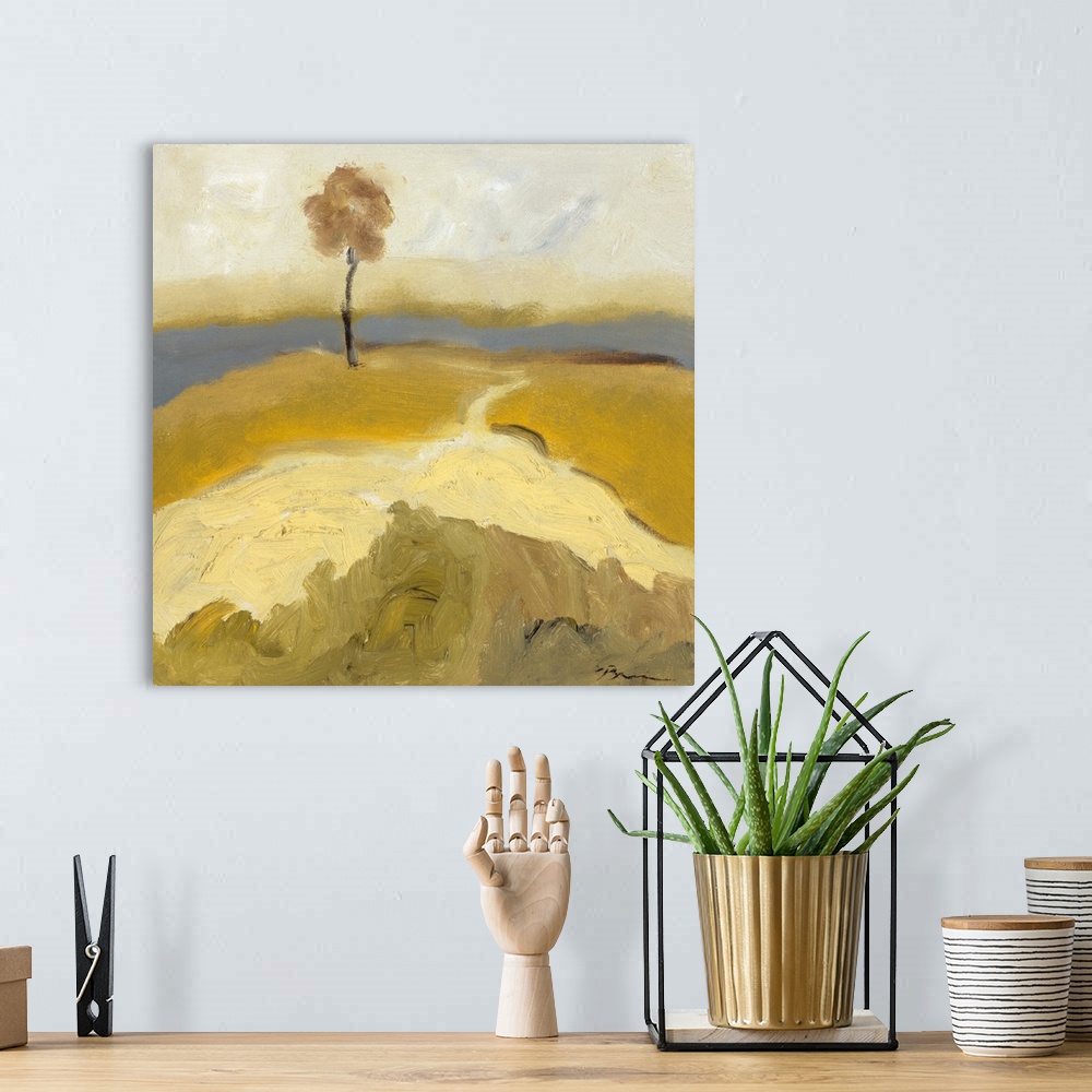 A bohemian room featuring Contemporary landscape painting using light brown earthy tones with a slender tree standing lone ...