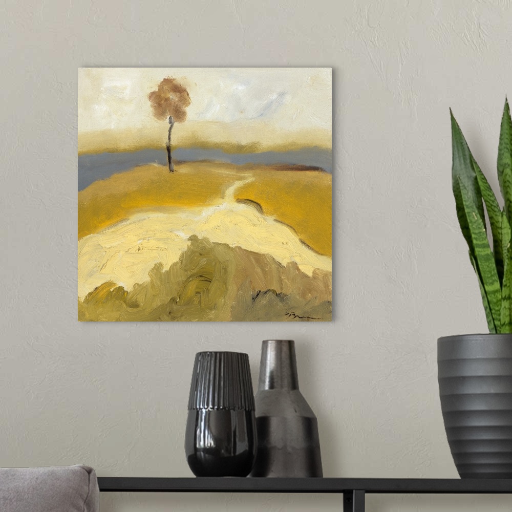 A modern room featuring Contemporary landscape painting using light brown earthy tones with a slender tree standing lone ...