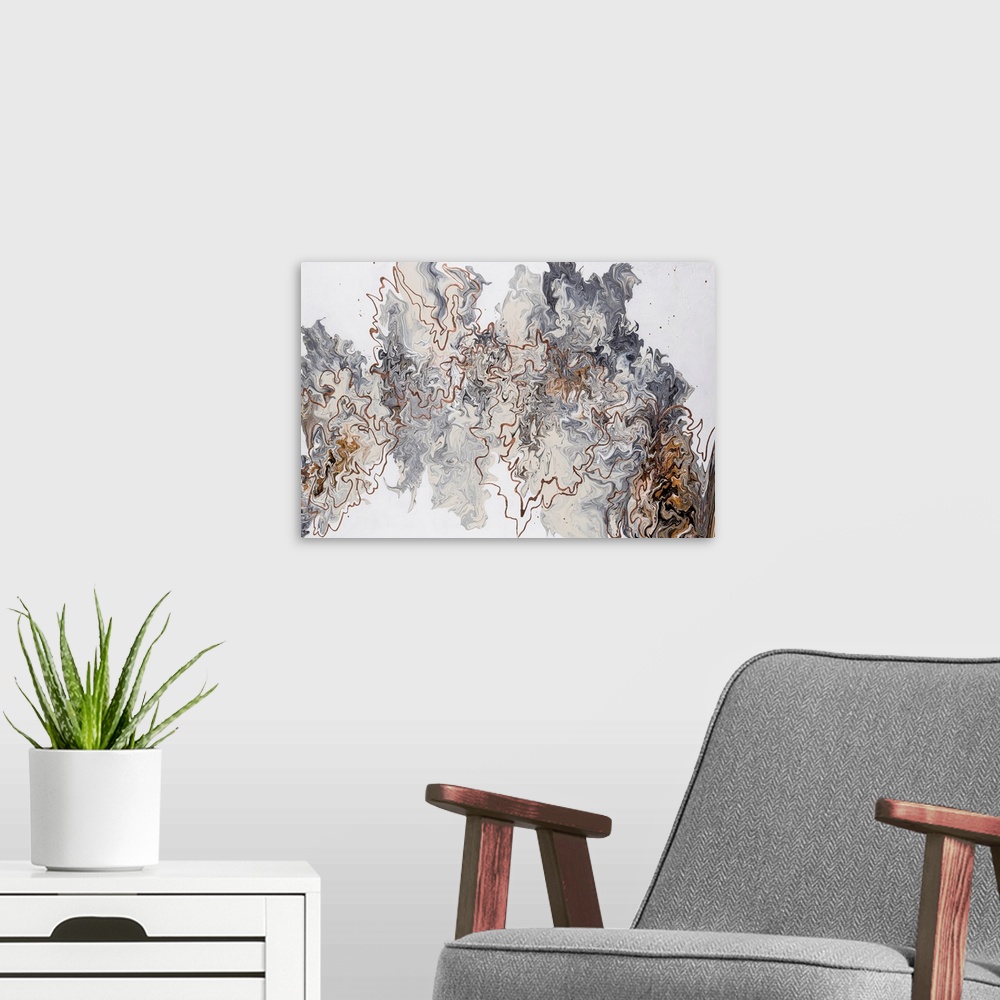 A modern room featuring A very contemporary abstract painting in neutral tones of grey and beige with warm metallic coppe...