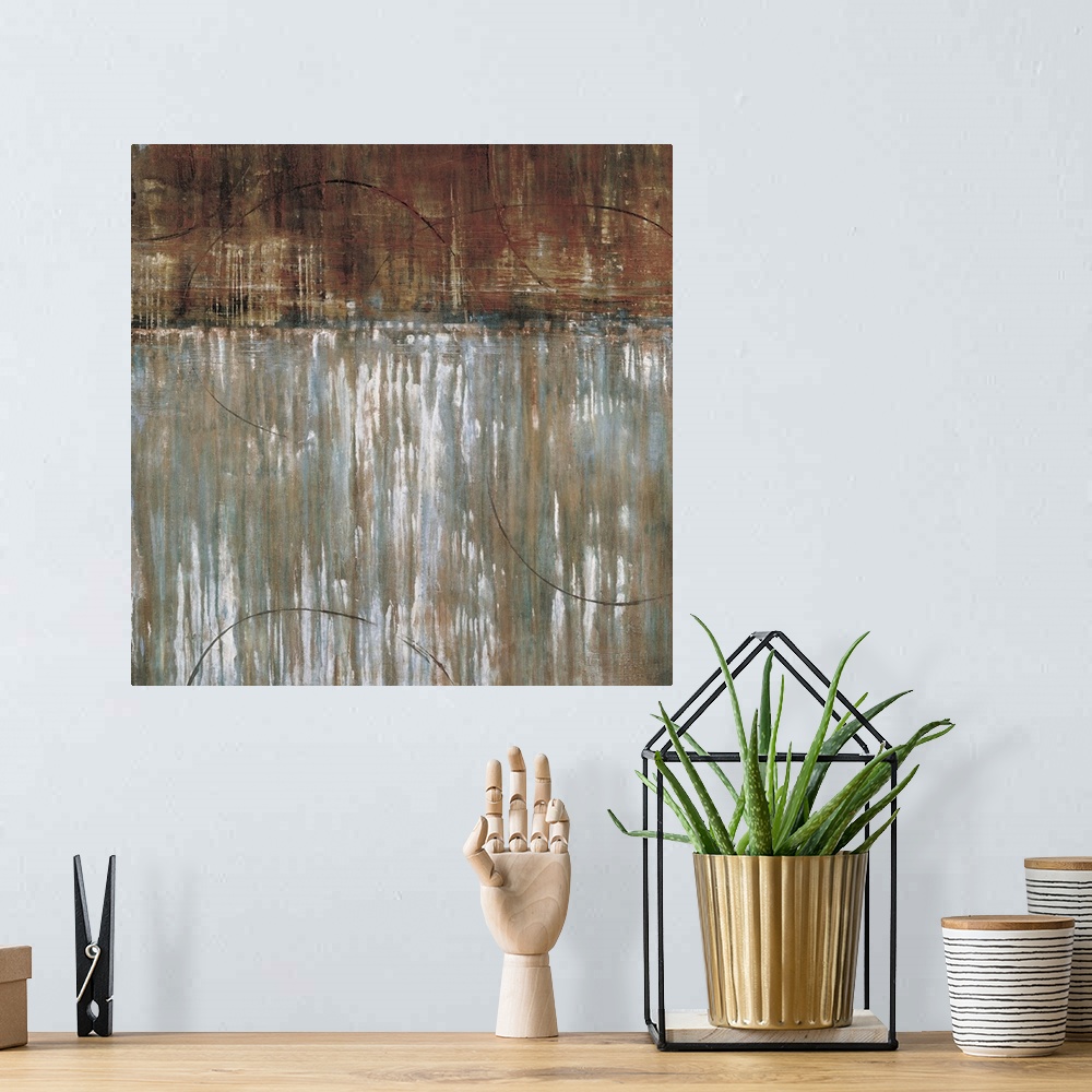 A bohemian room featuring Contemporary abstract painting using steely gray and earthy brown to make a textured looking colo...