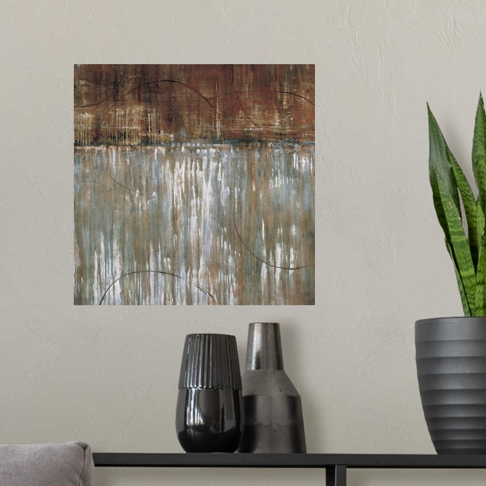 A modern room featuring Contemporary abstract painting using steely gray and earthy brown to make a textured looking colo...