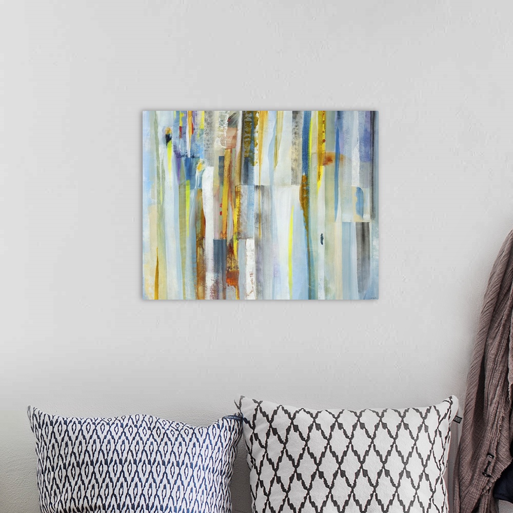 A bohemian room featuring Contemporary abstract painting of vertical multi-colored lines in pale tones.