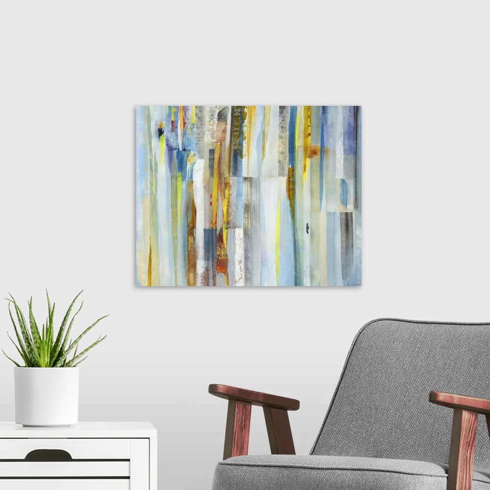 A modern room featuring Contemporary abstract painting of vertical multi-colored lines in pale tones.
