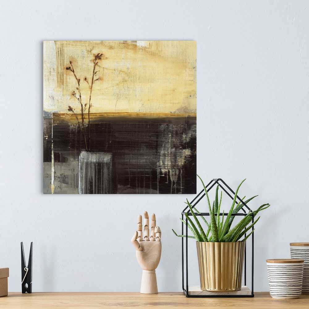 A bohemian room featuring A square abstract still life painting of a potted plant with textured lines overlapping.