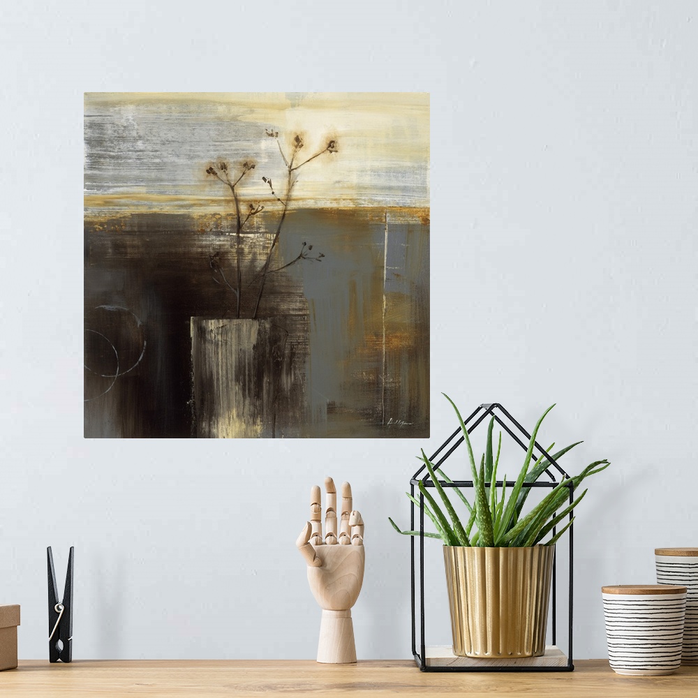 A bohemian room featuring A square abstract still life painting of a potted plant with textured lines overlapping.