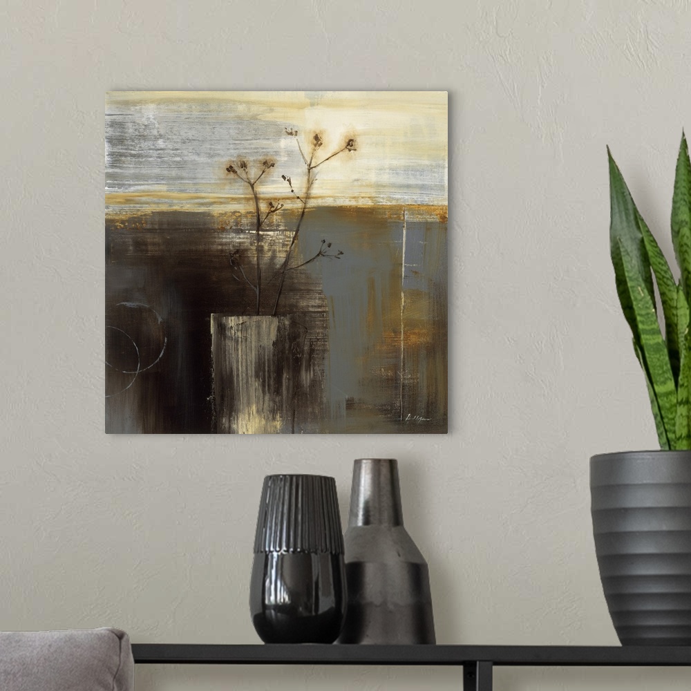 A modern room featuring A square abstract still life painting of a potted plant with textured lines overlapping.