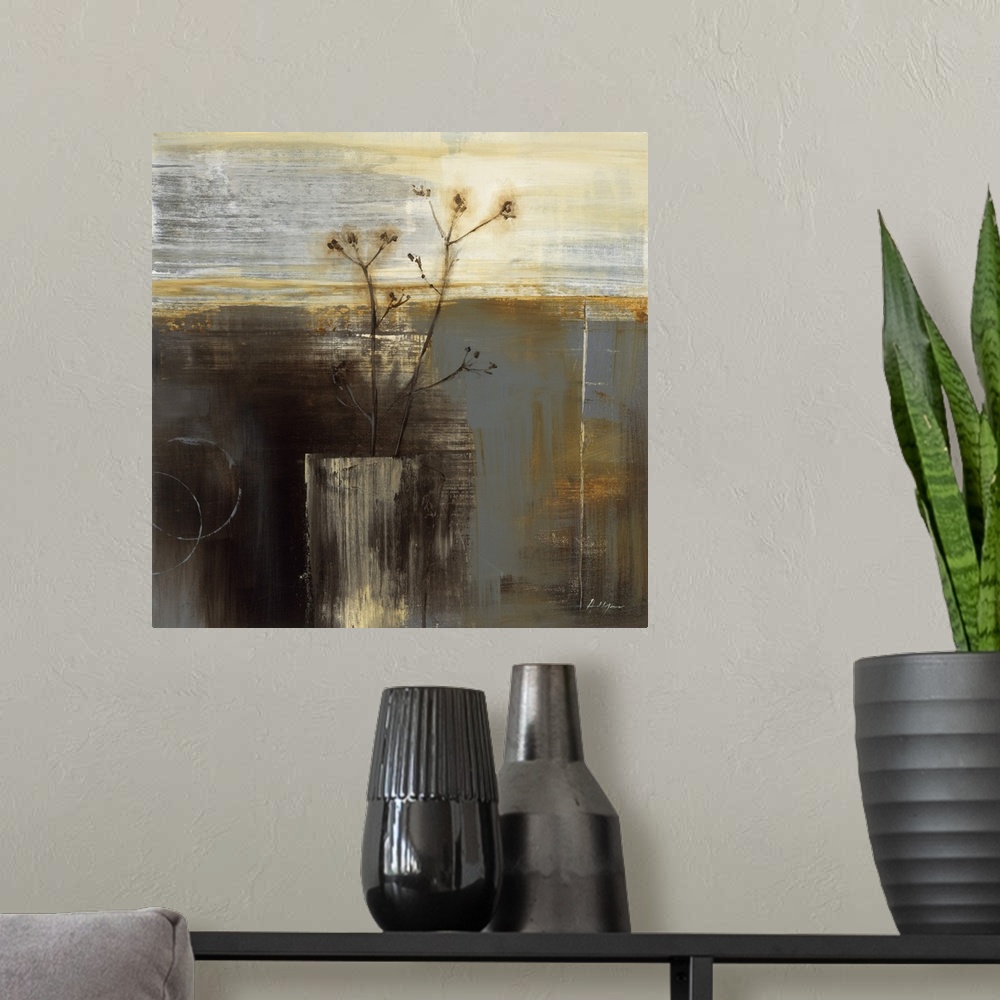 A modern room featuring A square abstract still life painting of a potted plant with textured lines overlapping.
