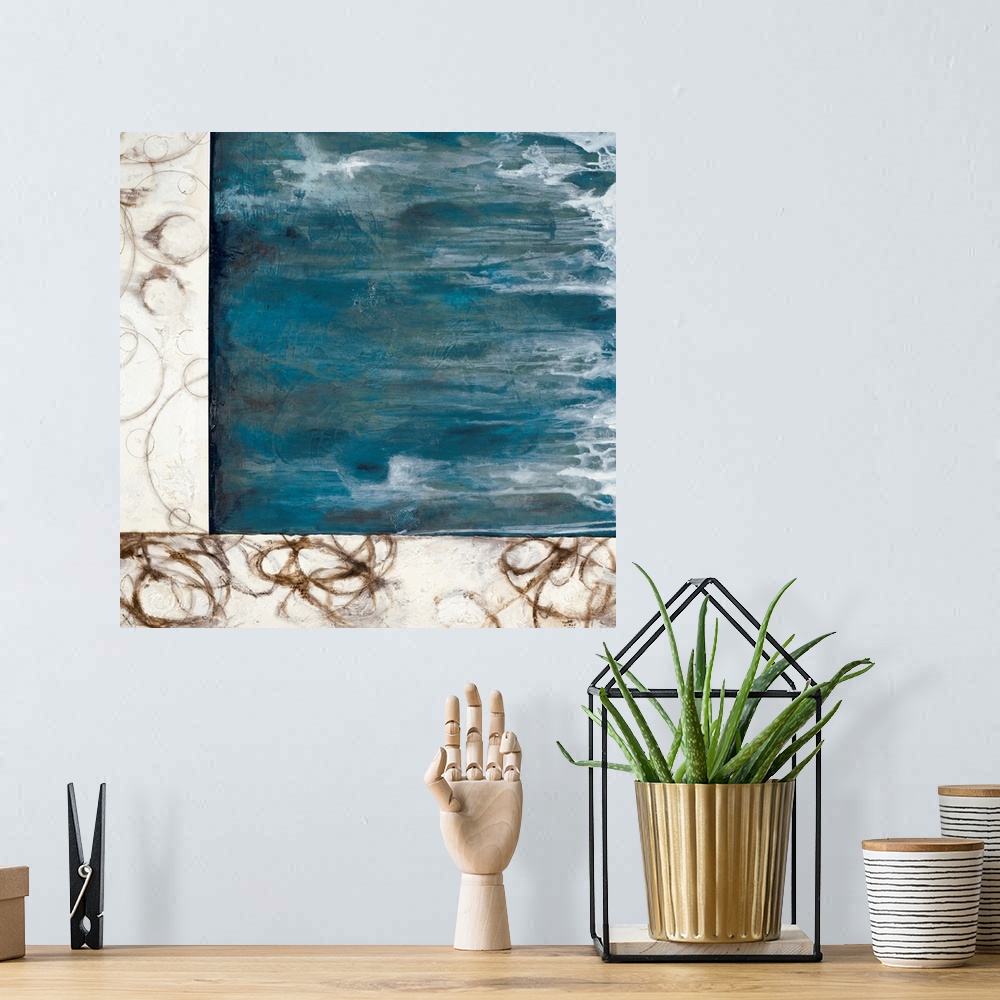 A bohemian room featuring This home docor wall art has three frames of different abstract paintings; dark circular streaks ...