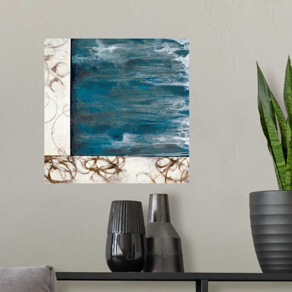 A modern room featuring This home docor wall art has three frames of different abstract paintings; dark circular streaks ...