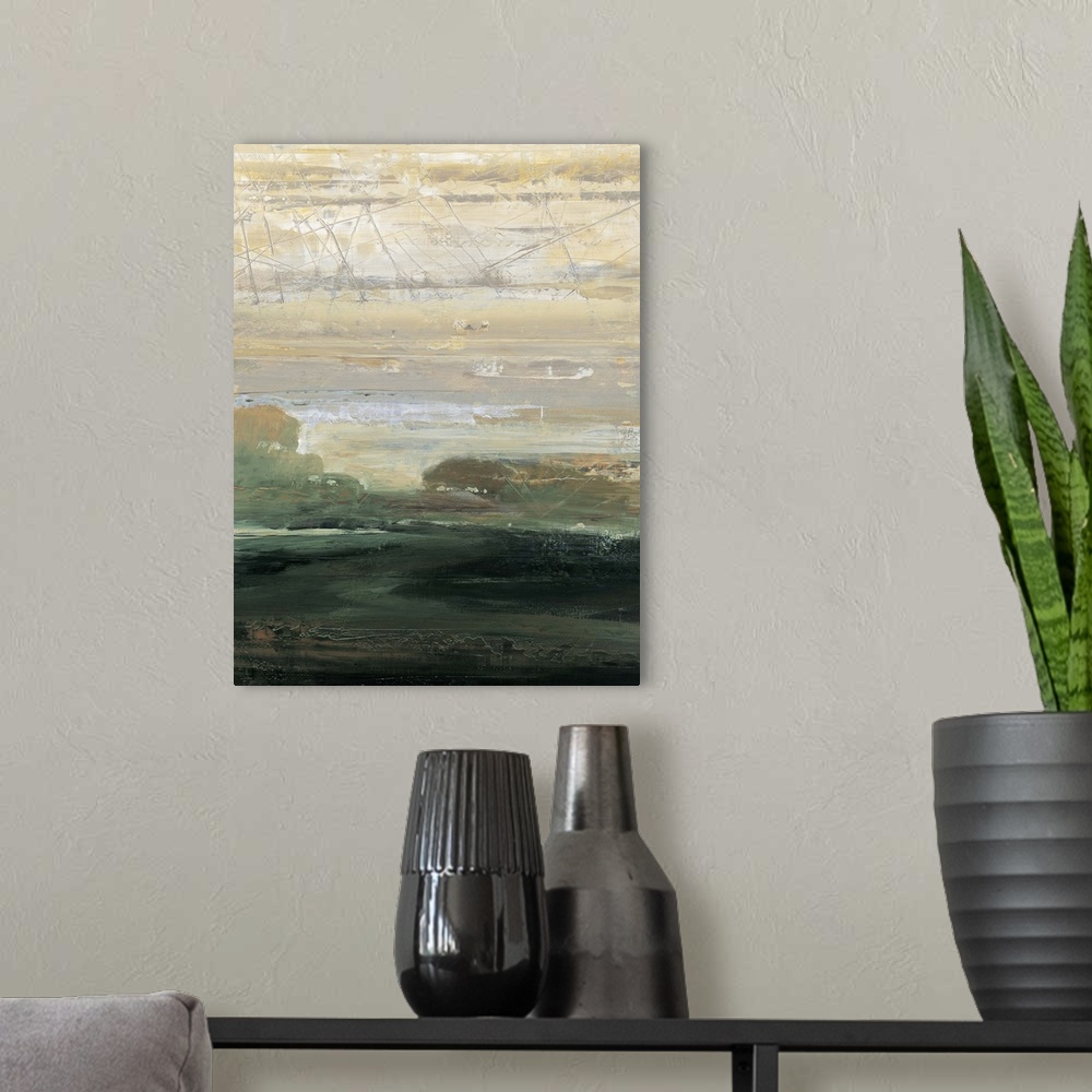 A modern room featuring Contemporary abstract painting resembling a foggy landscape with a line of trees in the distance.