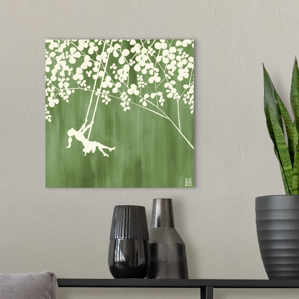 A modern room featuring This square decorative accent is an illustration of a silhouetted girl on a swing suspended from ...
