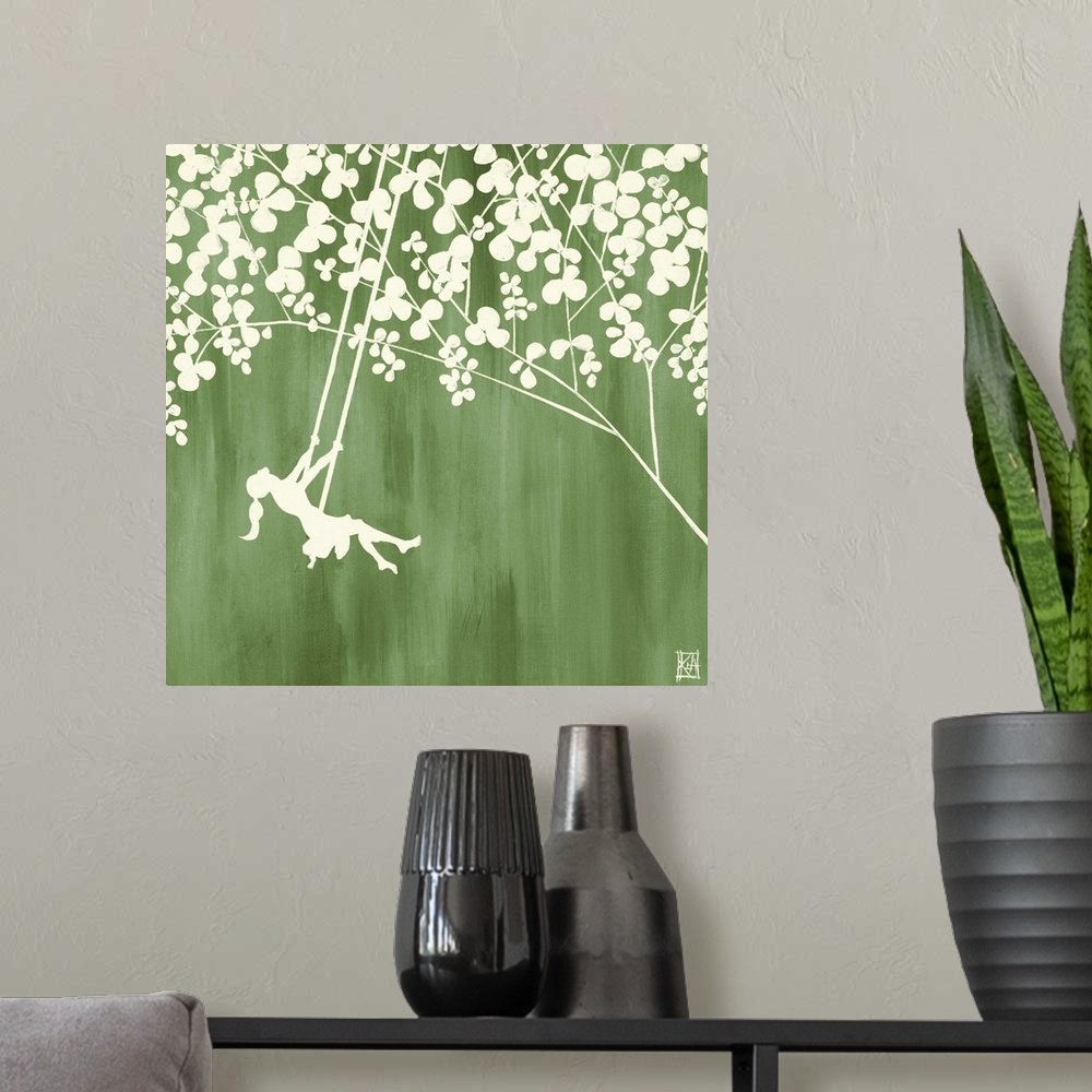 A modern room featuring This square decorative accent is an illustration of a silhouetted girl on a swing suspended from ...
