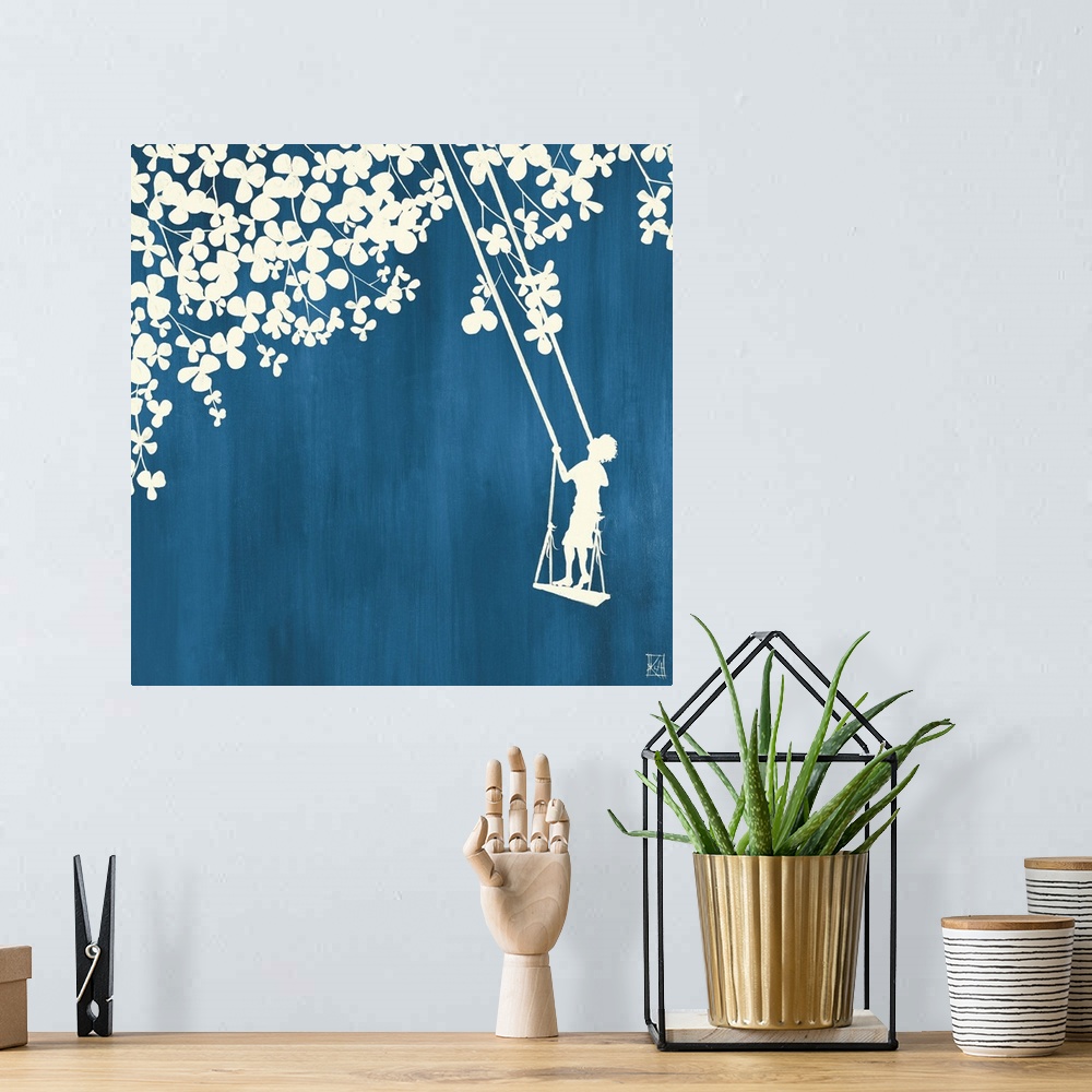 A bohemian room featuring Square canvas art of the silhouettes of a plant with various leaves or petals and a boy standing ...