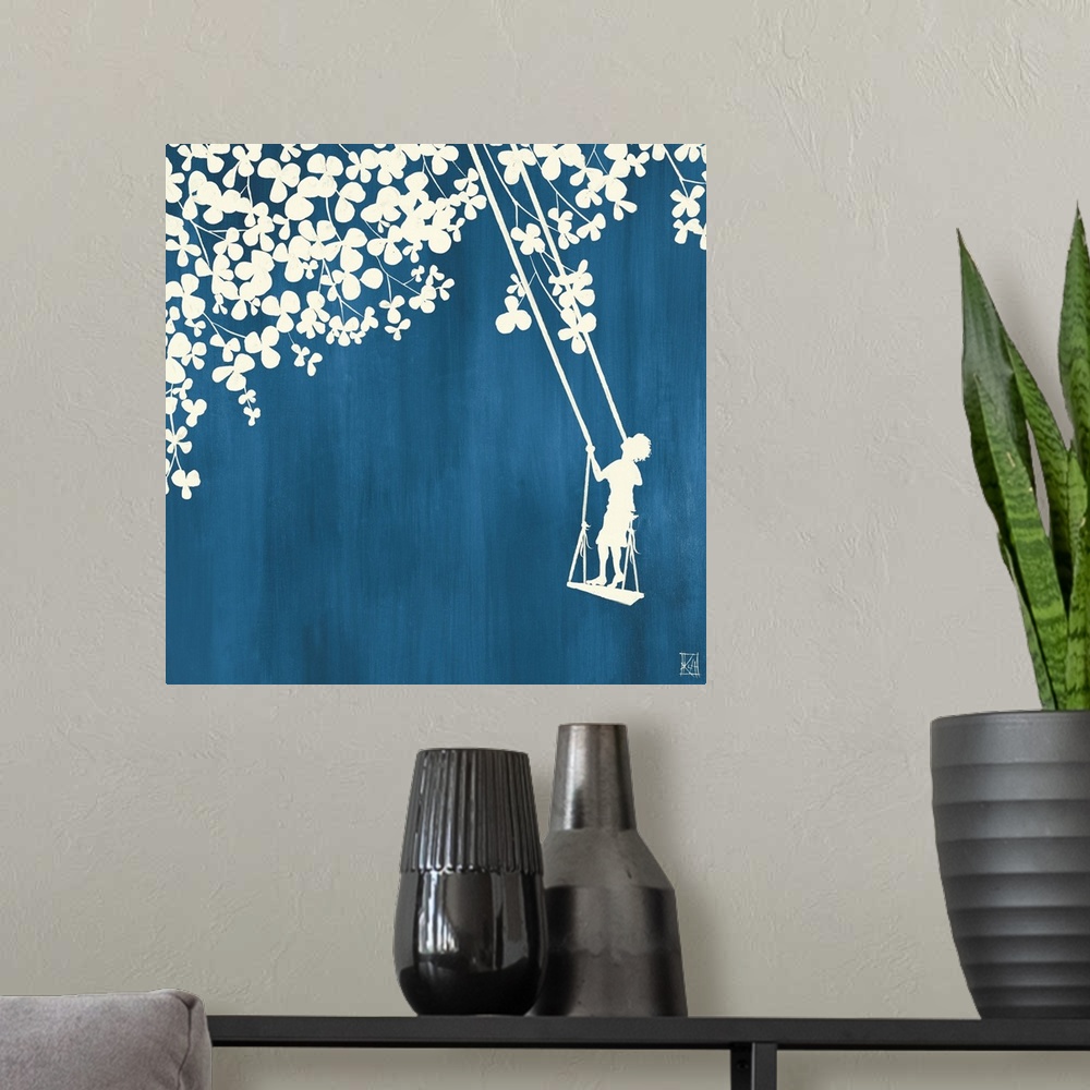 A modern room featuring Square canvas art of the silhouettes of a plant with various leaves or petals and a boy standing ...