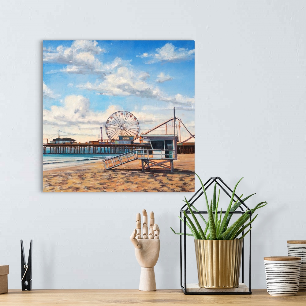 A bohemian room featuring Contemporary painting of a beach with an amusement park on the boardwalk out to the ocean.