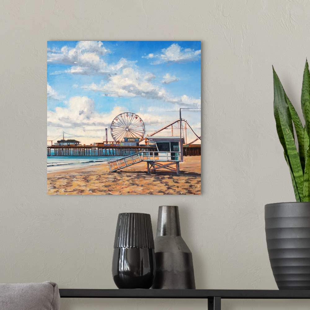 A modern room featuring Contemporary painting of a beach with an amusement park on the boardwalk out to the ocean.