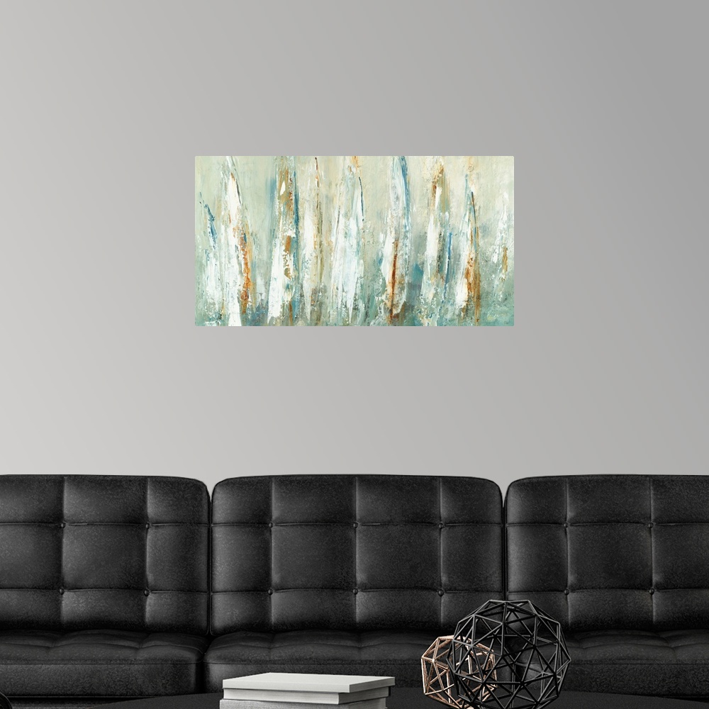 A modern room featuring Contemporary painting of abstract sailboat sails in shades of blue, brown, green, white, and yellow.