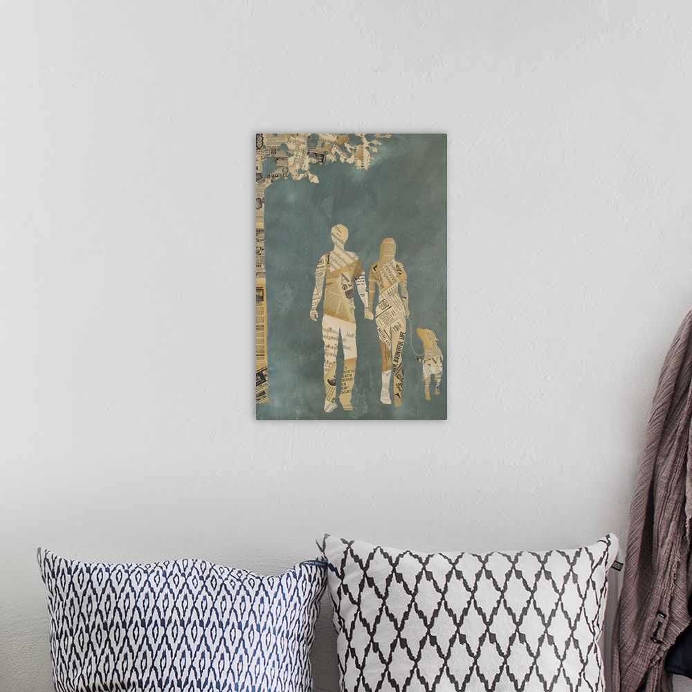 A bohemian room featuring Contemporary painting using text print to create the forms of a man and woman walking a dog besid...