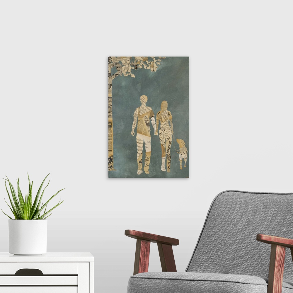 A modern room featuring Contemporary painting using text print to create the forms of a man and woman walking a dog besid...