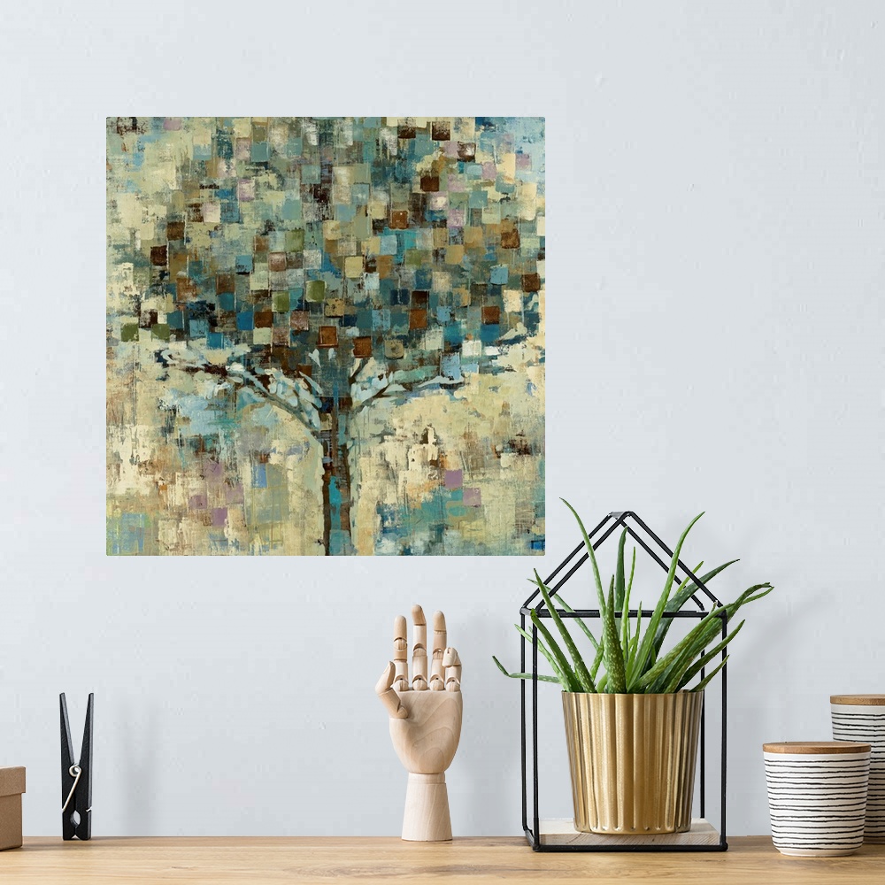 A bohemian room featuring Big contemporary art shows a large tree that is represented with earthy tones.  Artist uses an ab...