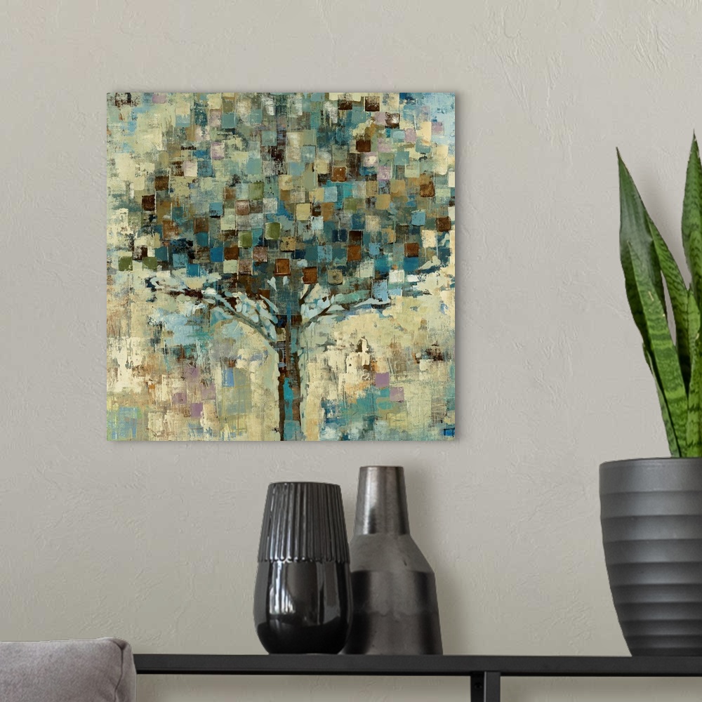 A modern room featuring Big contemporary art shows a large tree that is represented with earthy tones.  Artist uses an ab...