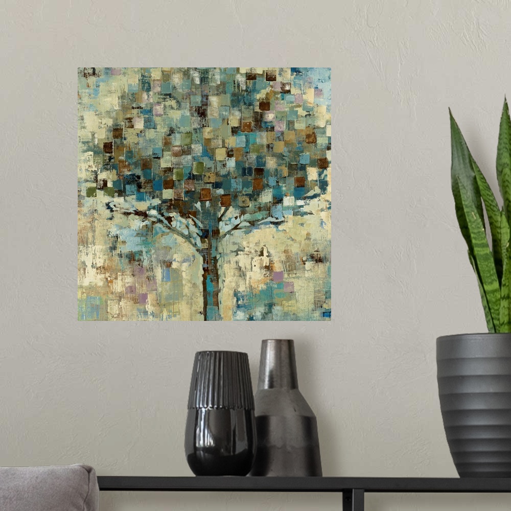 A modern room featuring Big contemporary art shows a large tree that is represented with earthy tones.  Artist uses an ab...