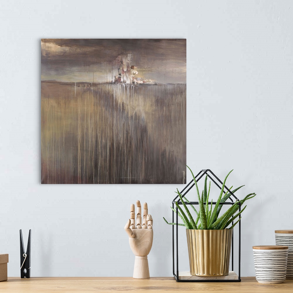 A bohemian room featuring Contemporary abstract painting using neutral earthy tones of a plains landscape.